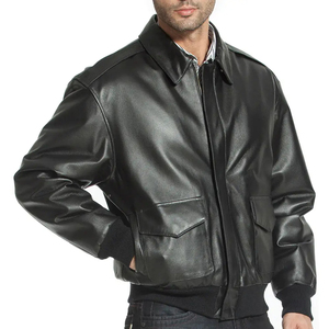 Men Leather Bomber Jacket Cow Skin Zipper Closure Turn-down Collar Moto Style Autumn Wear Regular Fit Solid Color - Product Image 6