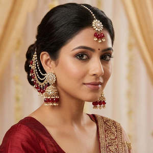 Jewelemarket Elegant Kundan Stone Beads Jhumki Earrings Maangtikka American Diamond Imitation Pearl Sets Model Number 10575457LP - Product Image 2