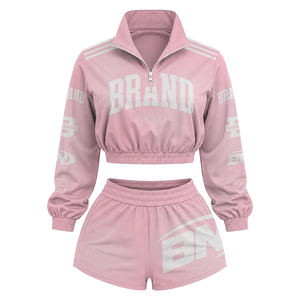 Conjunto Deportivo de Dos Piezas para Mujer, Chaqueta Corta de Manga Larga y Pantalones Cortos con Estampado de Letras, Cuello Alto, Transpirable, de Poliéster, para Primavera - Product Image 4