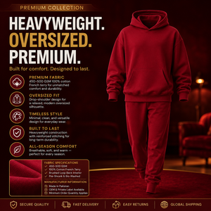 Ensemble de survêtement rouge à capuche pour femmes grandes tailles, manches longues, couleur unie, vêtements décontractés, poches latérales, taille élastique, coton mi-lourd - Product Image 6