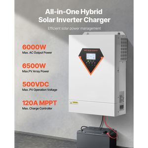 Onduleur solaire hybride 6000W tout-en-un à onde sinusoïdale pure, alimentation 48V CC monophasée, sortie 220/230V CA avec sortie monophasée intégrée - Product Image 2