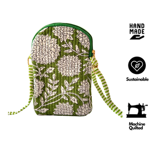 Green Floral Bohemian Jaipur Block Print Cotton Quilted Crossbody <b>Bag</b> Zipper Adjustable Strap Durable Eco Friendly All Seasons - Product Image 2