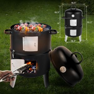 Barbecue vertical en acier pour charbon de bois, robuste, double couche, rond, pour cuisson en extérieur, noir - Product Image 5
