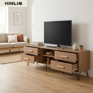 Meuble TV design scandinave moderne 1,8 m en chêne avec panneau stratifié métallique, console multimédia en bois avec tiroirs et étagères ouvertes pour salon - Product Image 1