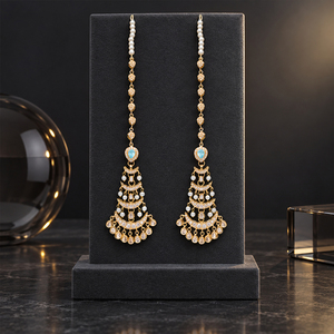 Pendientes de cadena larga chapados en oro con piedra azul aguamarina y perlas de imitación, joyería nupcial pakistaní, venta al por mayor de fábrica. - Product Image 3