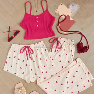 3pcs Set Simple Fashion Woman's Sexy Spaghetti Strap Floral Pattern Soft Spandex/Cotton Shorts Pajamas Breathable Knitted - Product Image 4