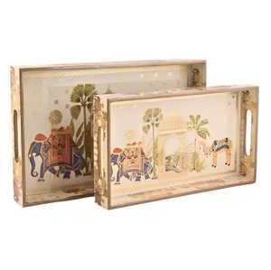 Plateaux de rangement en bois MDF, rectangulaires, laqués, décoratifs, motif chameau et éléphant, lavables au lave-vaisselle, faciles à nettoyer, multifonctionnels pour - Product Image 4