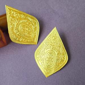 Big Golden Statement Leaf Drop Earrings-Vintage Geometric Hoop Studs - Product Image 1