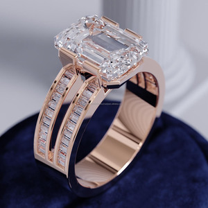 <b>Emerald</b> Cut Moissanite Diamond Engagement <b>Ring</b> Channel Baguette Cut Double Band Statement <b>Ring</b> 925 Sterling <b>Silver</b> Jewelry - Product Image 2