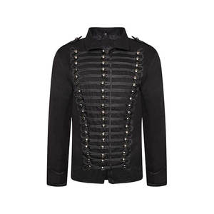 Veste noire pour homme, style élégant, garniture tressée dorée, manches longues, fermeture boutonnée, col montant ajusté, 100% laine et coton - Product Image 2