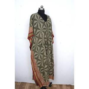 ชุดเดรสสั้นผ้าฝ้ายแท้พิมพ์ลาย Bagru แบบอินเดีย พิมพ์ลายด้วยมือ เหมาะสำหรับฤดูร้อน ลายดอกไม้ ชุดคลุมชายหาด/ชุดนอนคนท้องแสนสบาย แบบยาว - Product Image 5