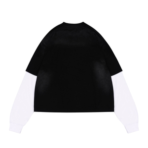 Custom Oversized Long Sleeve <b>T</b>-<b>Shirt</b> Black <b>White</b> Contrast Crew <b>Neck</b> Unisex Casual Knitted 100 Cotton Full Print Letter Logo - Product Image 3