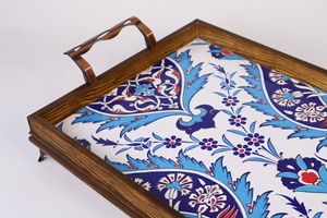 Handmade Moroccan Style Wooden Serving Tray With Enamels Tile Decoration Blue And White Floral Pattern Decorative Platter Sale - Product Image 3