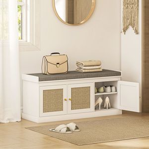 Banco de Almacenamiento de Zapatos Blanco Ajustable con Puertas de Ratán Tejido y Cojín, Banco de Entrada con Estantes Ajustables - Product Image 2