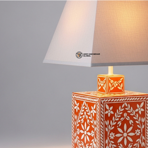 Modern <b>Orange</b> Bone Inlay Lamp with Fabric Shade | Luxury Living Room & Bedroom <b>Lighting</b> - Product Image 3