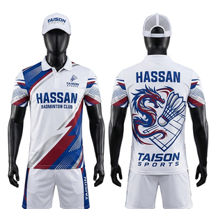 Maillot de badminton pour homme en polyester premium, respirant, avec empiècements géométriques bleus, logo personnalisé par sublimation, polo - Product Image 2