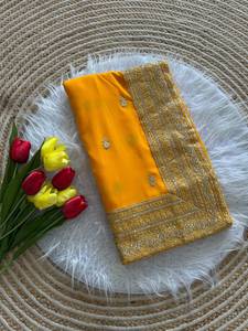 Sari jaune moutarde brodé de créateur pour femme, tenue de luxe pour mariage et soirée, sari ethnique indien avec bordure richement travaillée - Product Image 4