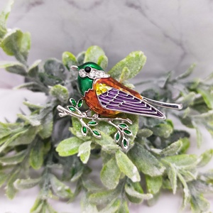 Bird Branch Brooch with Vibrant <b>Hand</b>-Painted Enamel in Emerald and Sunset Tones Elegantly Perched on Silver - Product Image 6