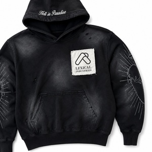 Sweat à capuche zippé ou pull oversize en molleton 100% coton, style streetwear, délavé vintage, effet usé, avec logo frontal, couleur unie, grammage lourd - Product Image 2