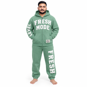 Rexfit Sports Men's Hooded Tracksuit Set Green Fleece <b>Full</b> <b>Zip</b> <b>Sweatshirt</b> Pants Casual Streetwear Breathable Flock Print Letter - Product Image 3
