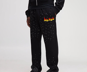 Pantalon de survêtement noir à paillettes pour homme avec logo de la marque Flame, taille élastique, décontracté, pour l'automne - Product Image 1