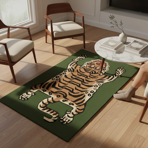 Tapis tissé à la main, motif animalier tibétain tigre, à poils ras, en laine, sur mesure, rectangulaire, vert, vente en gros - Product Image 3