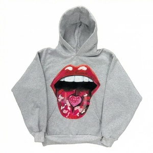 Sudadera con capucha extragrande unisex gris con estampado de labios rojos y lengua en forma de corazón, ropa informal de otoño - Product Image 1