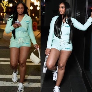 2026 Spring Women's Tracksuit Waffle Knit 2 Piece Set Custom <b>Long</b> Sleeve Hooded Short Pants Loungewear <b>Matching</b> Set for Women - Product Image 3