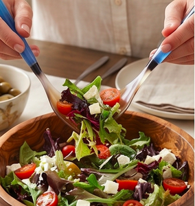 Juego de servidores de ensalada con mango de resina azul y cuerno natural, cubiertos ligeros de acabado natural para fiestas, cenas familiares y bodas - Product Image 5