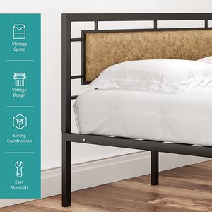 Mecor Vintage Rustic Brown Faux Leather Headboard Strong Metal Slats Support Full Size <b>Platform</b> <b>Bed</b> <b>Frame</b> Metal <b>Beds</b> Product - Product Image 6