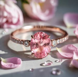 แหวนหมั้นและแต่งงานหรูหราประดับมอสซาไนต์สีชมพูทรงรี บนตัวเรือนเงินแท้ชุบทอง 18K พร้อมอัญมณีสีบลัชสุดงดงาม - Product Image 1