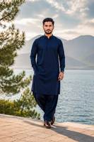 Ensemble Kurta Shalwar en coton pour homme, bleu marine, style traditionnel, longueur cheville, coupe régulière, tenue décontractée, Inde, Pakistan