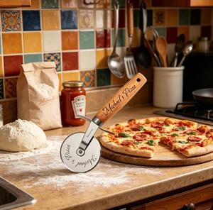 Personalized Stainless Steel Pizza Cutter with Wooden Handle and <b>Leather</b> Sheath - Product Image 5