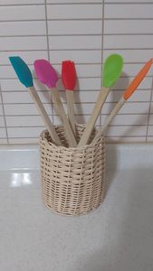 Soporte cilíndrico de mimbre tejido color crema claro para utensilios de cocina, herramientas de cocina, cucharas, ollas, botellas de vino, almacenamiento y exhibición. - Product Image 4