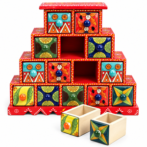 Boîte à bijoux en bois et poterie bleue artisanale |   Armoire de rangement à bijoux rectangulaire à 4 niveaux peinte à la main multifonctionnelle |   Indien - Product Image 3