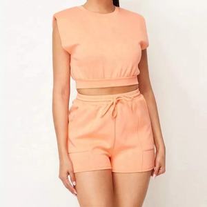 Wholesale Good Quality Custom Logo Joggers 2 Piece Crop Top Two Piece <b>Short</b> Set Cotton Workout <b>Women</b> <b>Biker</b> <b>Shorts</b> Two Piece Sets - Product Image 1