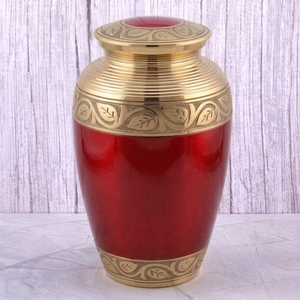 <b>Red</b> Gold Leaf Pattern Hand Carved American Style Brass Adult Cremation Urn Glossy Finish for Human Ashes Funeral Memorial Burial - Product Image 1