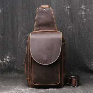 Sac de poitrine et bandoulière en cuir véritable pour homme avec fermeture éclair, style vintage tendance, design portable - Product Image 2