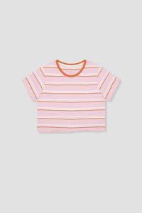 High Quality Women Colorful <b>Striped</b> <b>Crop</b> <b>Top</b> T-Shirt Multicolor Stripes + Round Neck Short Sleeve Tee Factory Made in Pakistan - Product Image 3