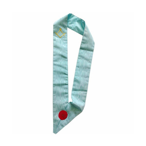 Écharpe Moiré Bleu Ciel Rite Franc-Maçon Personnalisée avec Symbole Brodé Or et Rosette Rouge – Régalia Cérémonielle Premium - Product Image 1