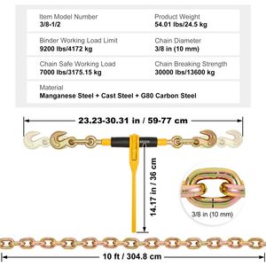 Ganci a Catena G80 da 3/8'' x 10FT con Cricchetto, Capacità di Carico 9200 Libbre, Tenditori a Cricchetto da 1/2'', Accessori per il Controllo del Carico - Product Image 3