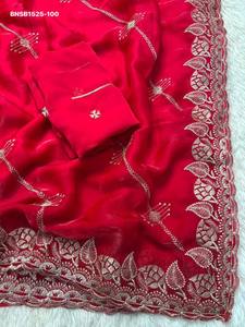 Gorgeous Looking Space Silk with Zari-Thread Embroidered All-Over Stripe Pattern & Leaf border work <b>Saree</b>-<b>Blouse</b> Indian Supplier - Product Image 3