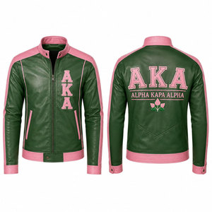 Blouson Bomber en Cuir Rose Brodé Alpha Kappa Alpha AKA pour Homme, Col Rabattu Décontracté, Fermeture Éclair, Logo Arrière 1908 - Product Image 4