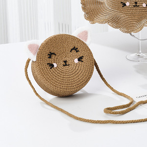 Bolso Bandolera de Ratán con Diseño de Cara de Gato de Dibujos Animados, Ligero, para Uso Diario, con Cierre de Solapa, Correa Única, Forma Redonda, para Mujer - Product Image 3
