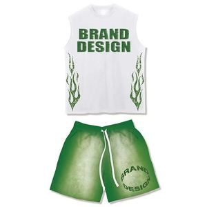 Conjunto de Camiseta sin Mangas y Pantalones Cortos para Hombre, Ecológico, de Poliéster/Algodón, Liso, Teñido, Transpirable, Personalizable, Estilo Casual Urbano - Product Image 1