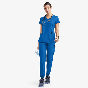 Ensemble de blouses médicales unisexe bleu à col en V, manches courtes, couleur unie, en tissu polyester tissé, avec poches, uniformes d'hôpital, détection d'aiguilles, sans coutures - Product Image 1