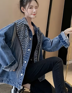 Hardihood International Light Wash Denim <b>Jacket</b> for Women Distressed Frayed Hem Rhinestone Floral Button Front Formal Breathable - Product Image 3