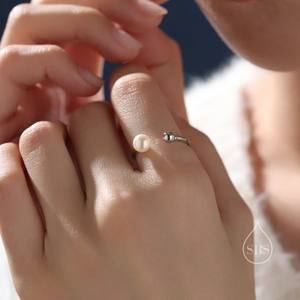 Bague ouverte minimaliste en argent sterling avec perle et boule, perle d'eau douce authentique, taille ajustable, bague en perle véritable - Product Image 2