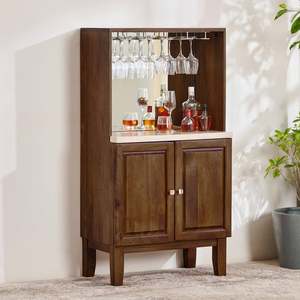 Dark Walnut Bar Cabinet with Marble Top and Wine Glass <b>Rack</b> Storage Console for <b>Drinks</b> Organization - Product Image 1