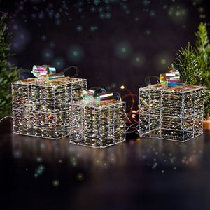 Set di 3 Scatole Regalo Iridescenti Illuminate con 140 Luci LED Bianco Caldo, Scatole Regalo Preilluminate Impilabili con Picchetti per Decorazioni Natalizie - Product Image 2